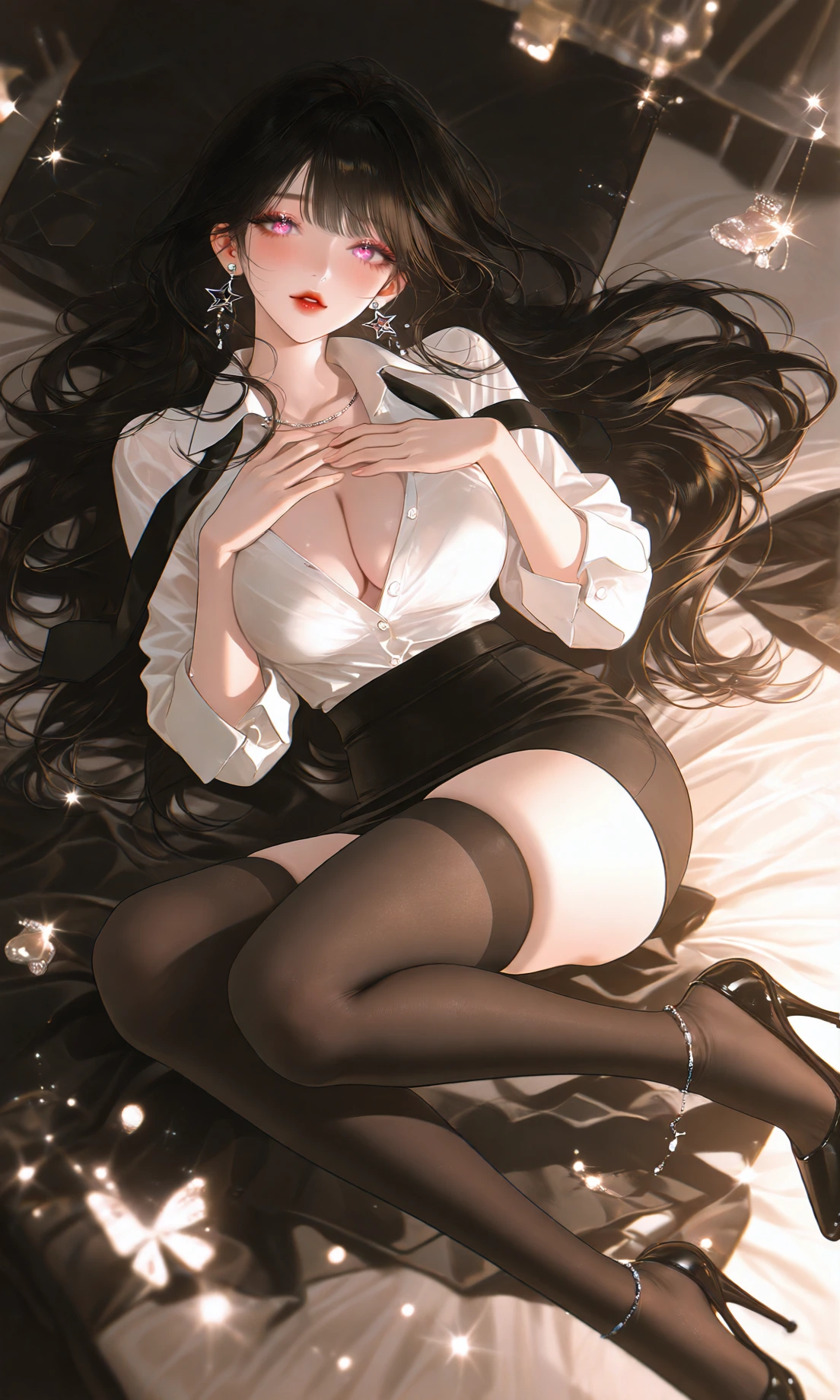 暖色水晶灯光下的黑发女性，白衬衫、黑色短裙与长袜，佩戴星形耳坠