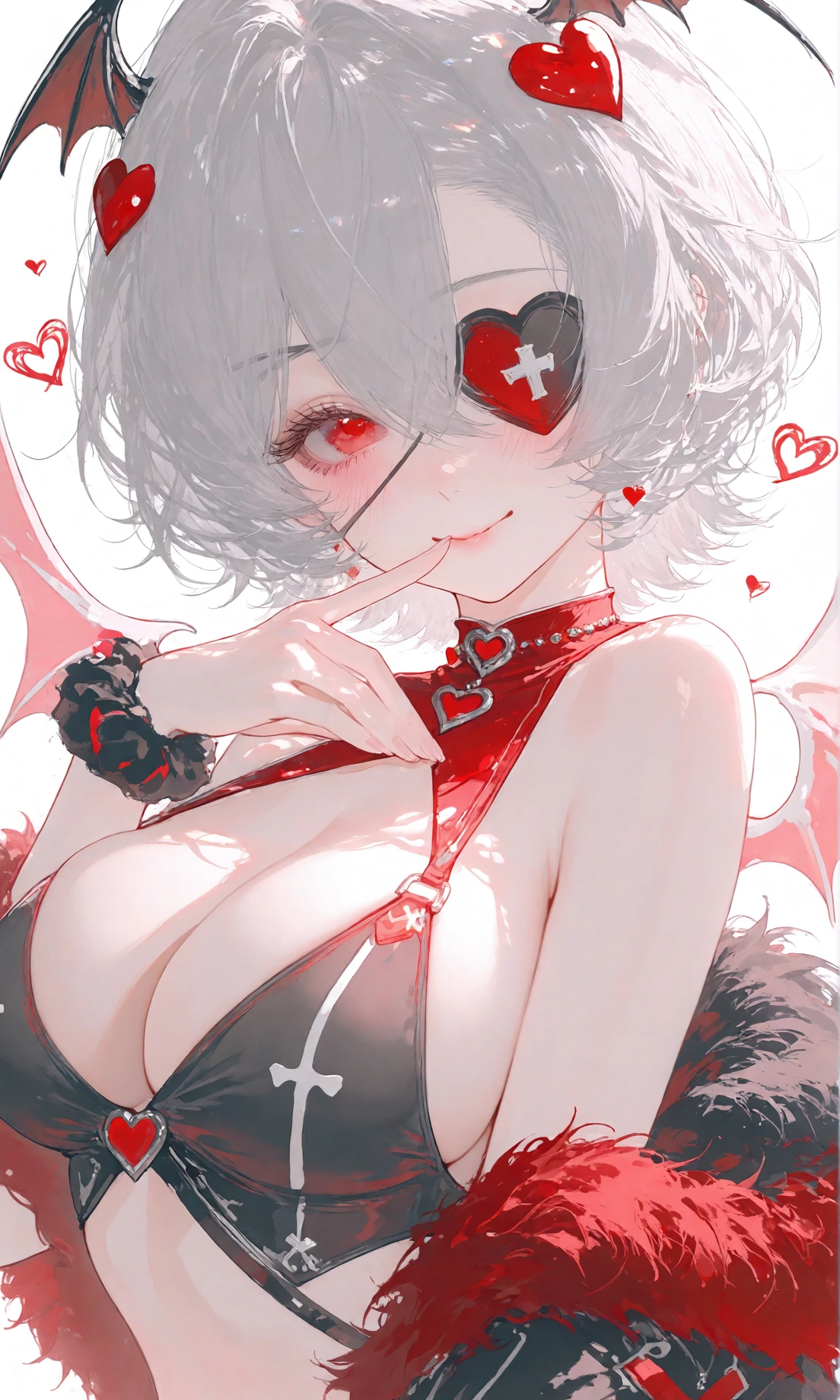 白色短卷发女性戴红黑心形眼罩与爱心发饰，搭配红黑亮面服装和羽毛饰边