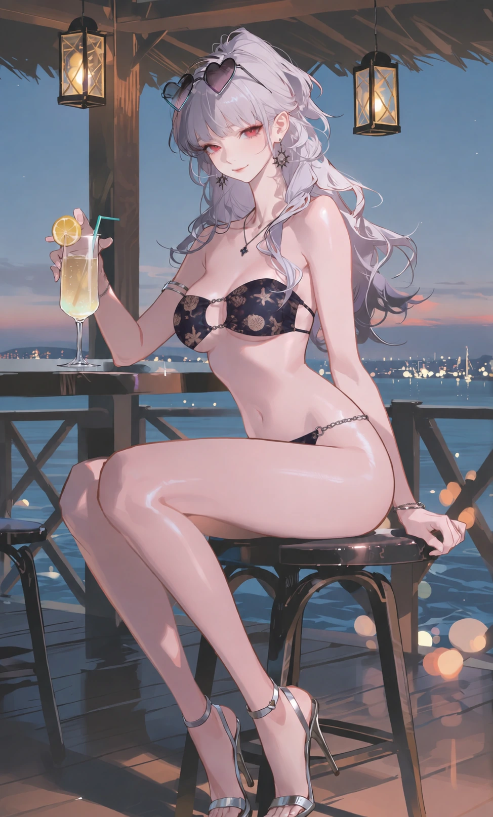 傍晚海边酒吧的银发女性，身穿贝壳纹泳装，手拿柠檬饮料，头顶架着爱心墨镜