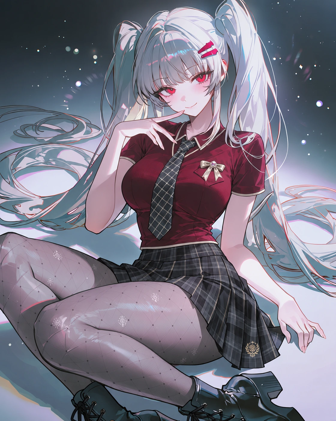 银色双马尾、红色眼睛的女性,身穿酒红制服上衣、格纹短裙和灰色花纹丝袜