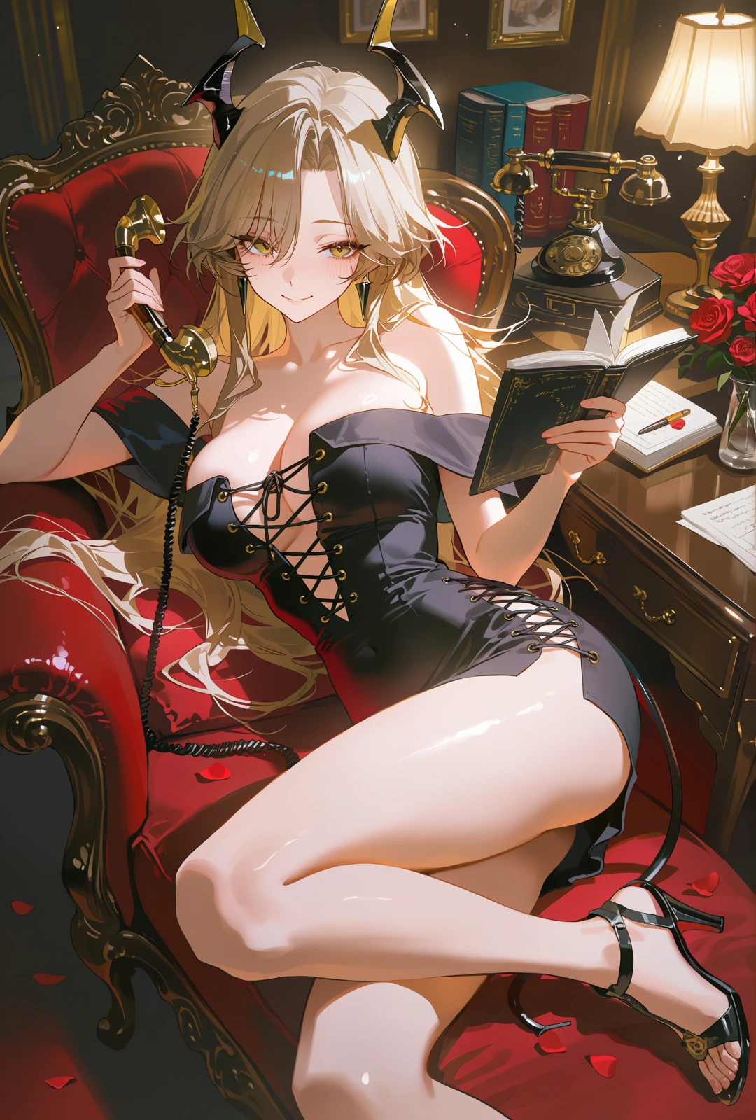 金发女性坐在红色雕花扶手椅上，一手握着复古电话，一手捧着书