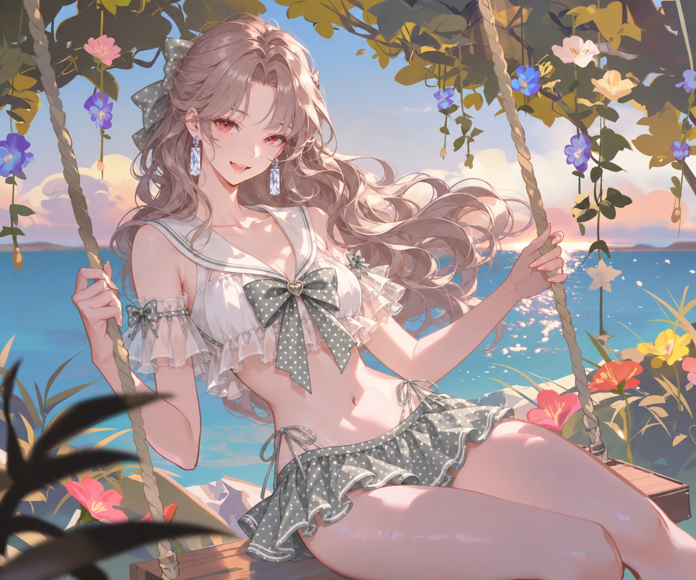 夕照海面前坐在花藤秋千上的长发女性，身穿灰色波点与白色荷叶边泳装