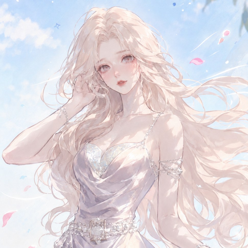 蓝天下头发被风吹起的浅金色长发女性半身插画,四周飘着花瓣